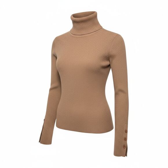 John + Jenn Tan Buttoned Cuff Ribbed Turtleneck Sweater Size Small - Picture 1 of 9